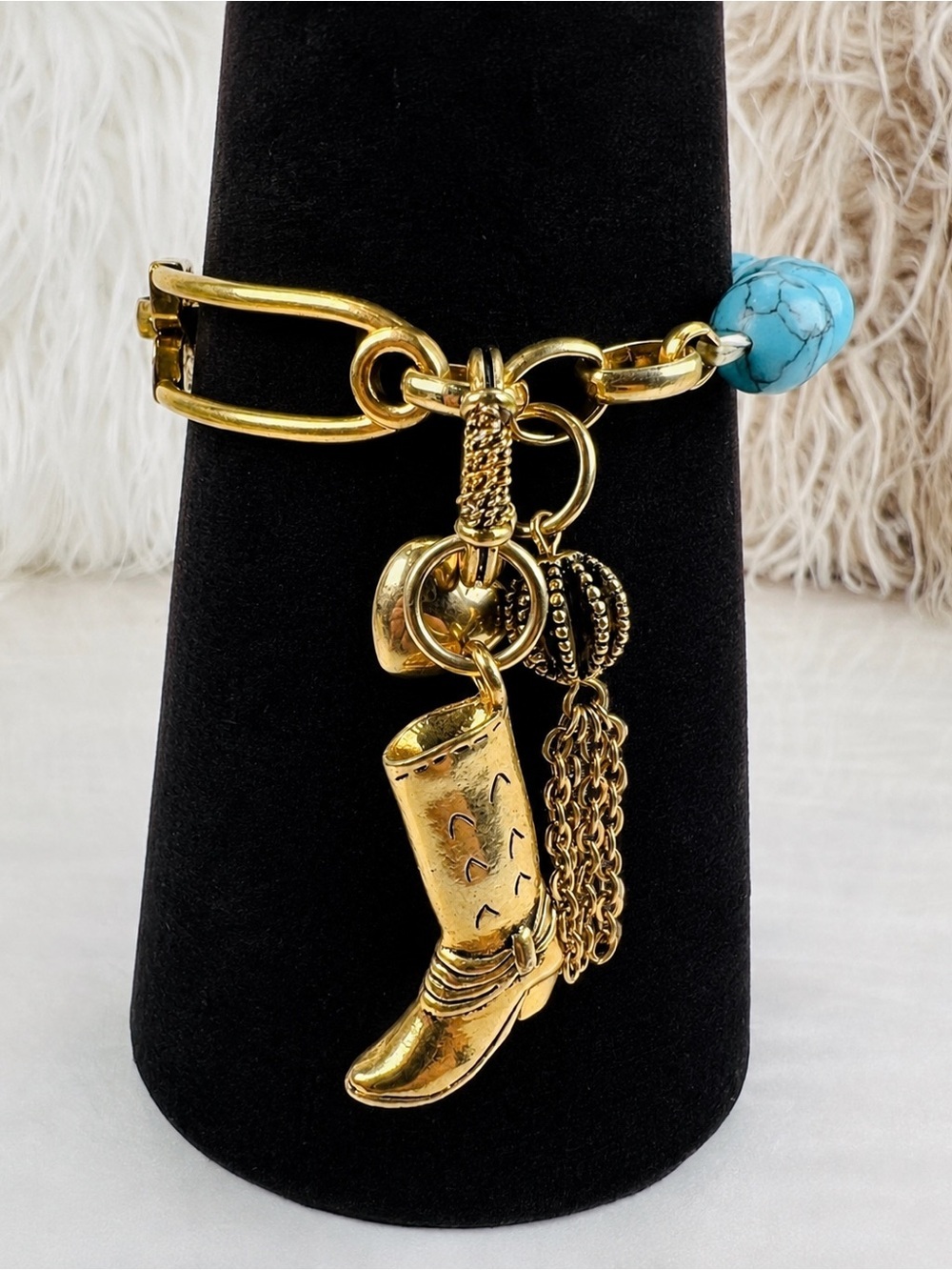 Turquoise Blue Beaded Stretch Bracelet Aged Brass Tone Western Charms